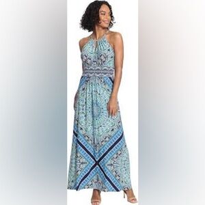London Times Maxi Dress in Blue and Black Pattern